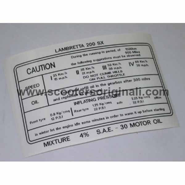 Lambretta: Sticker - Running In - SX 200 - English