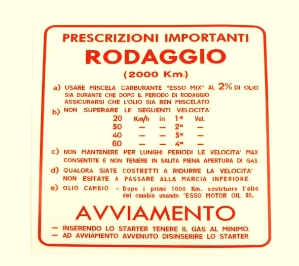 Vespa 4 Speed - 2% - Running In Sticker - Red - Italian