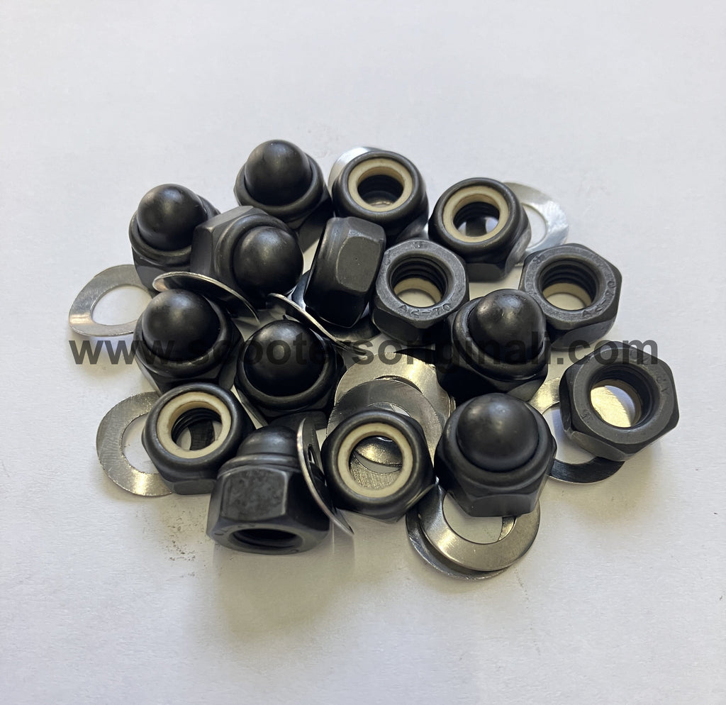 Lambretta Wheel Rim Hardware Set - Dome - Open Nyloc Nut and Washer - 13mm Socket - Black - Stainless