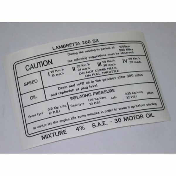 Lambretta: Sticker - Running In - SX 200 - English